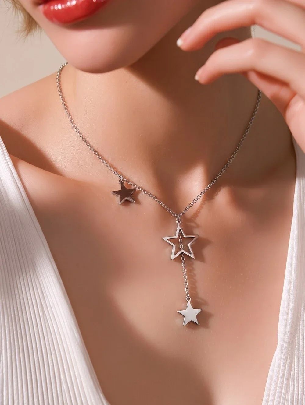 Silver Star Lariat Stainless Steel Celestial Jewelry Drop Y Chain Layering Gift